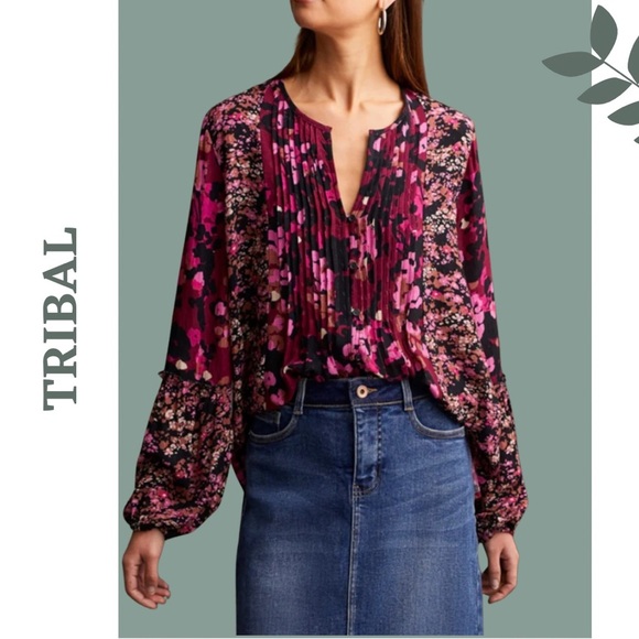 Tribal Tops - Tribal Flowy Blouse Floral Mixed Print Bob Pintuck Detail Purple Pink Size Small